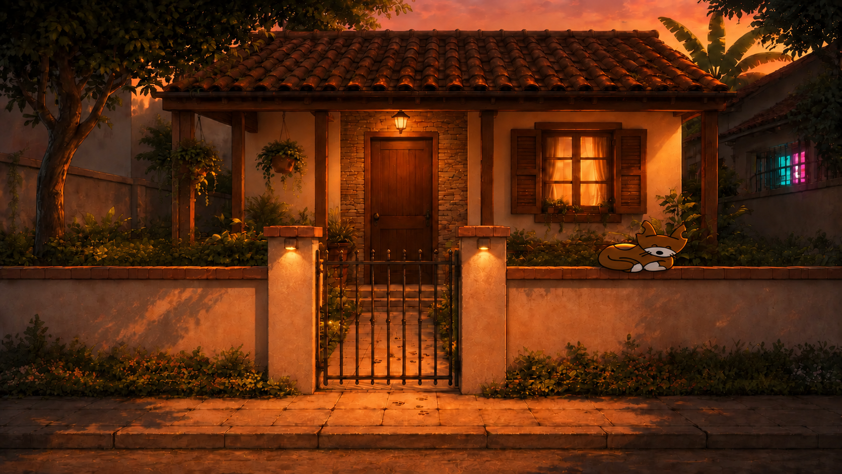 Casa acolhedora do Coió ao entardecer, com um gato dormindo no lado direito do muro